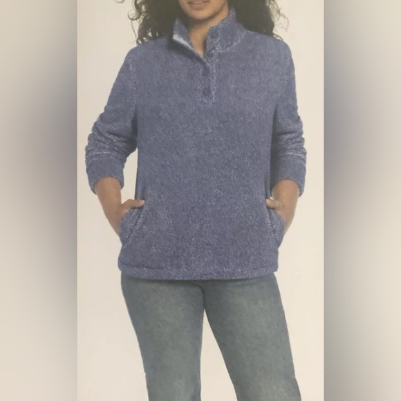 Eddie Bauer Lt Harbor (marled navy) soft long nap button placket fleece top. Lrg - Picture 1 of 9